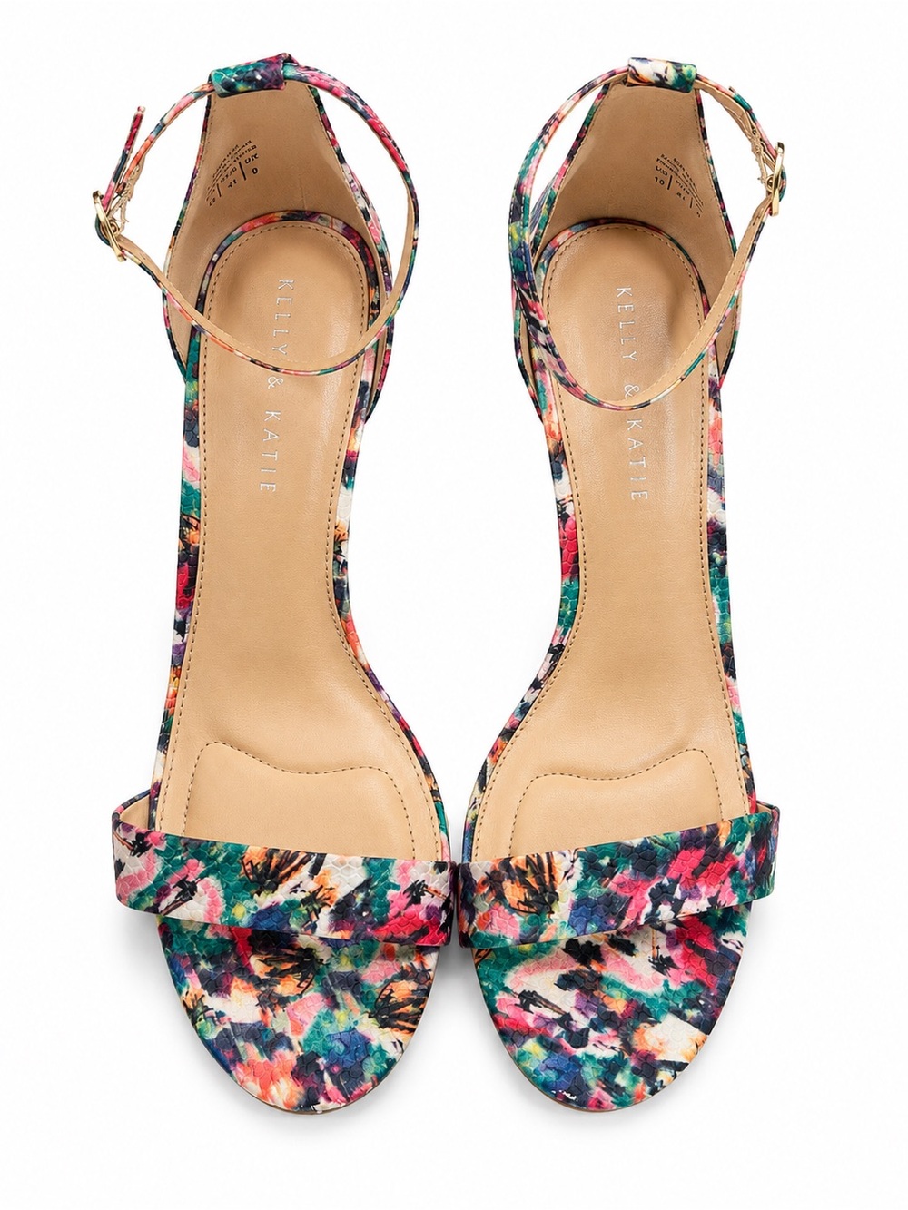 Kelly & Katie Floral Ankle-Strap Heels in Multicolor Teal & Pink